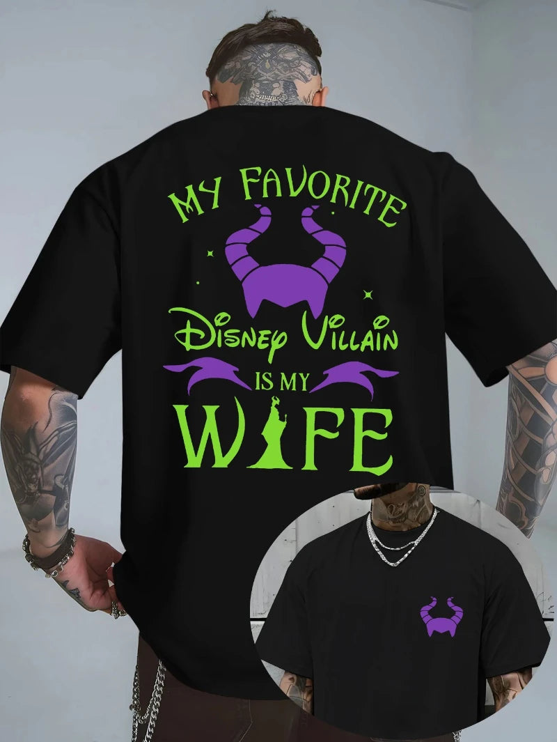 Disney Menswear Official "My Favorite Disney Villain Is My Wife" Maleficent Graphic T-Shirt Loose Casual Street Summer